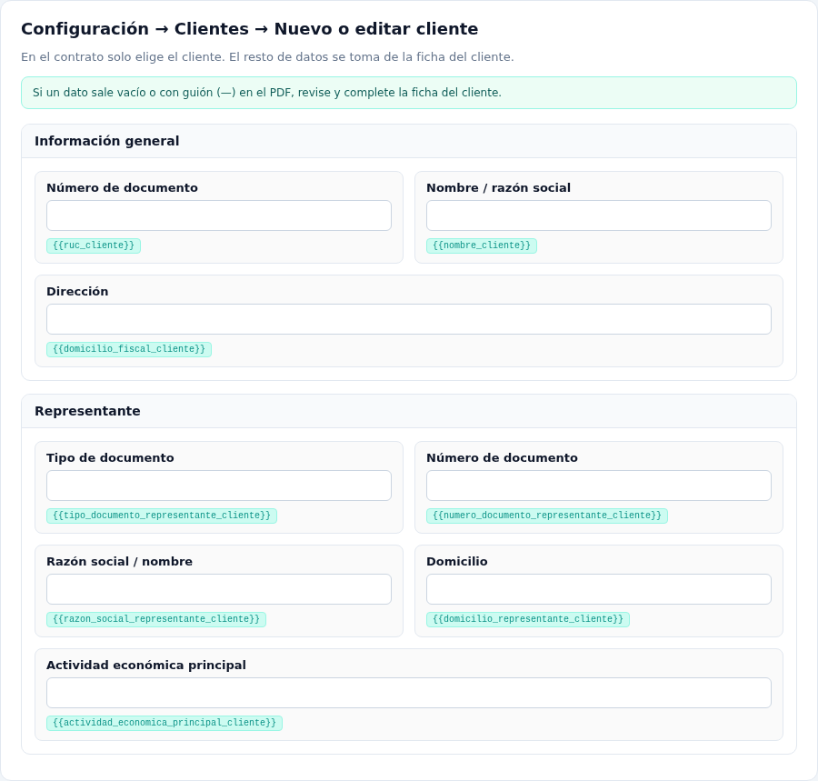 Campos de cliente y variables asociadas